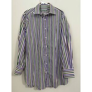 Etro Men's Striped Button Down Shirt Purple Green White Made in Italy Size 44